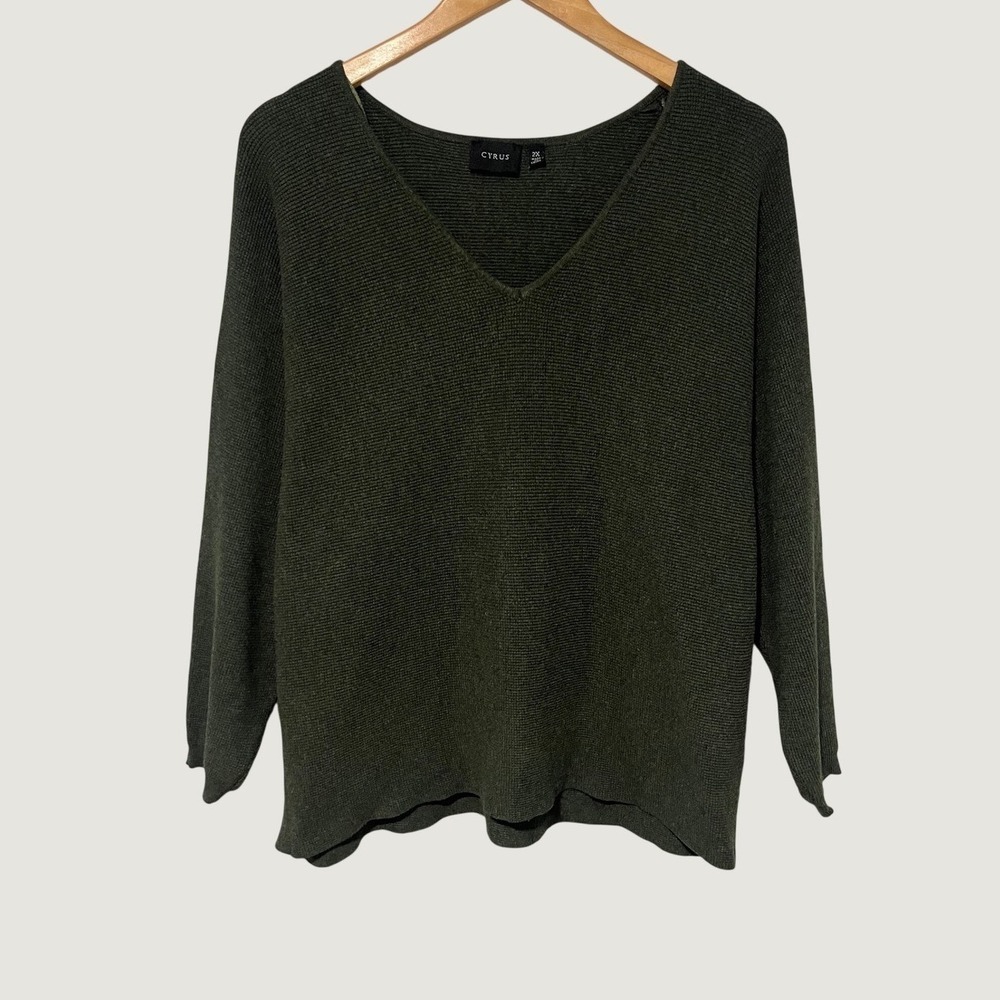 Cyrus Women Olive Green V-Neck Knit Sweater Size 2X Pullover minimalist boho